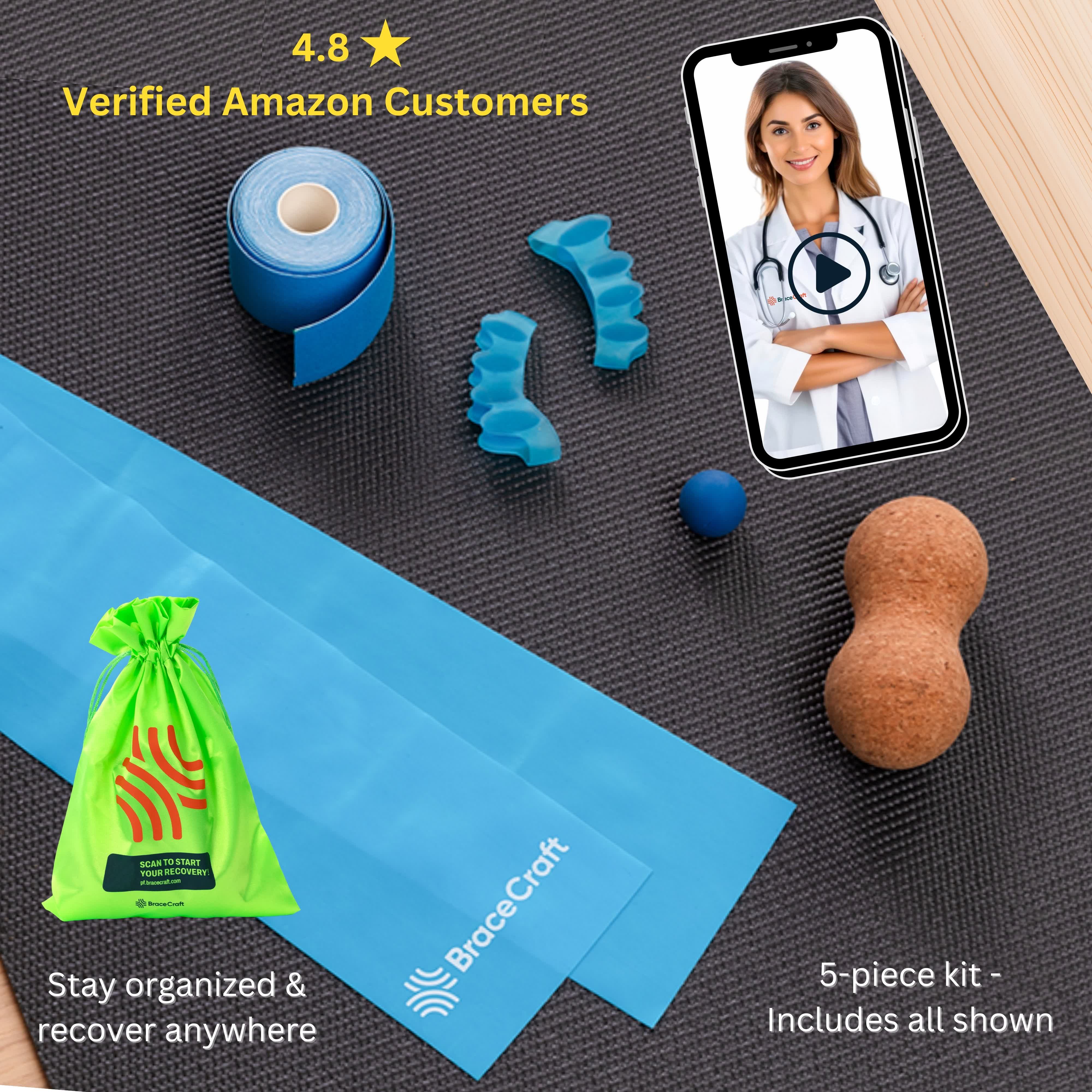 BraceCraft 5-piece Plantar Fasciitis Relief Kit laid out on yoga mat